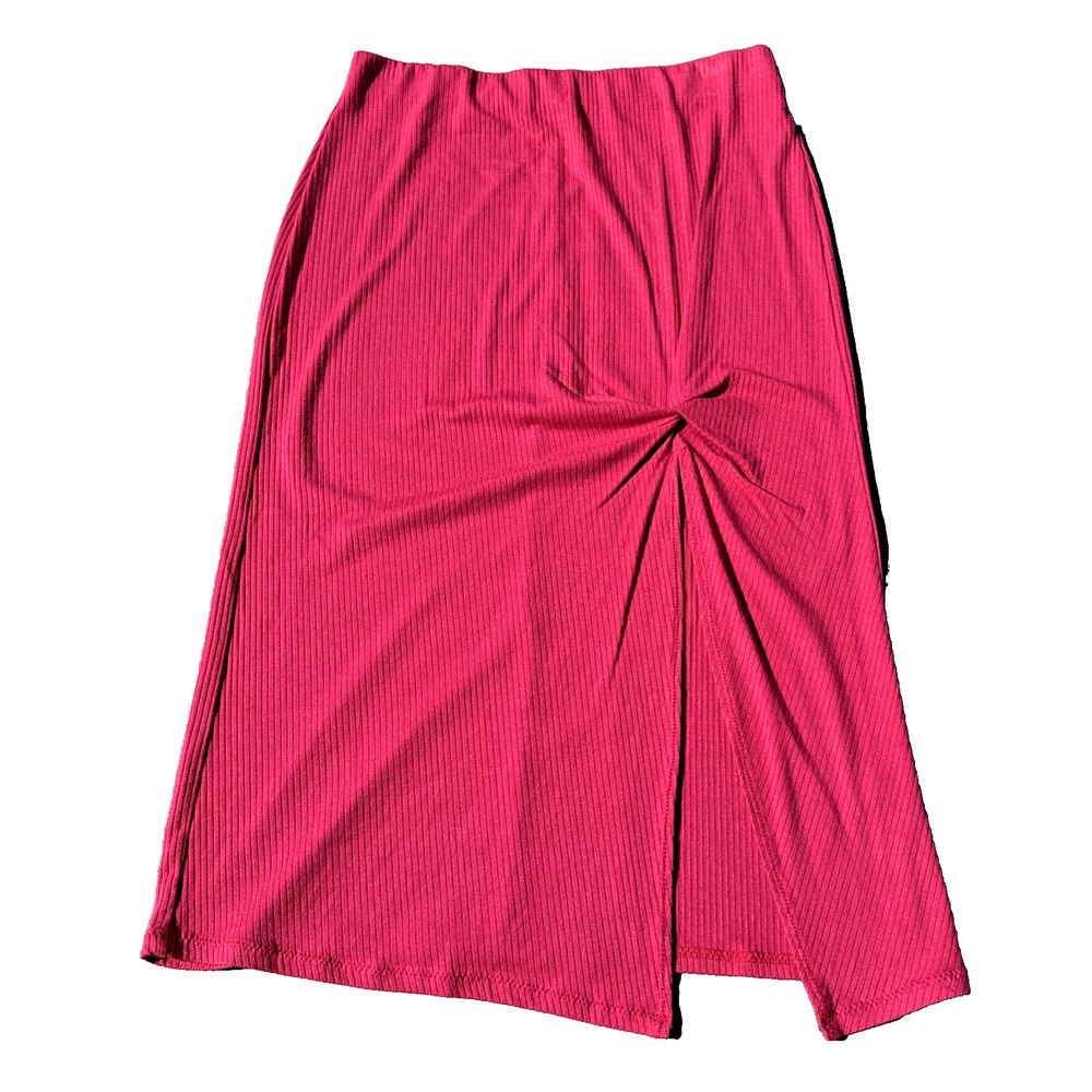 Free People Ribbed Midi Skirt M Pink Ruched Side Slit Stretch